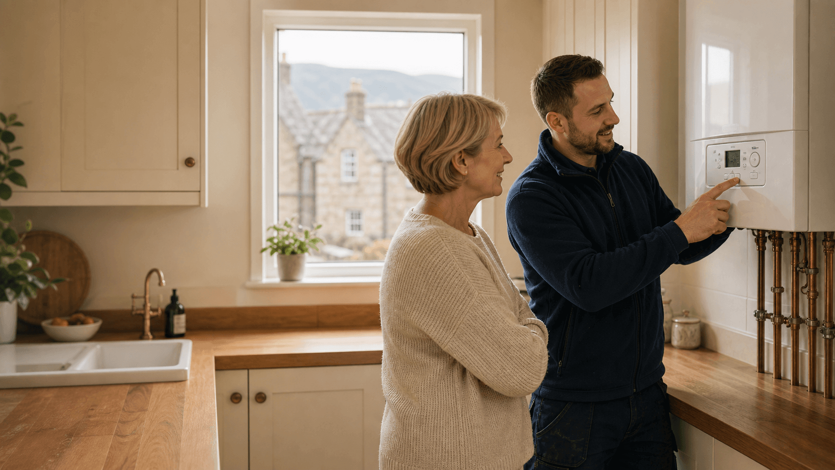 Heating engineer explaining boiler controls to a customer in a bright kitchen